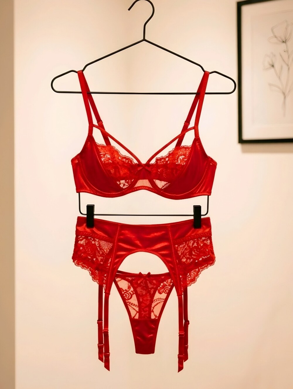 Fashion Nova Satin Floral Lace Overlay Strappy Underwire Garter Thong 3pc Set M